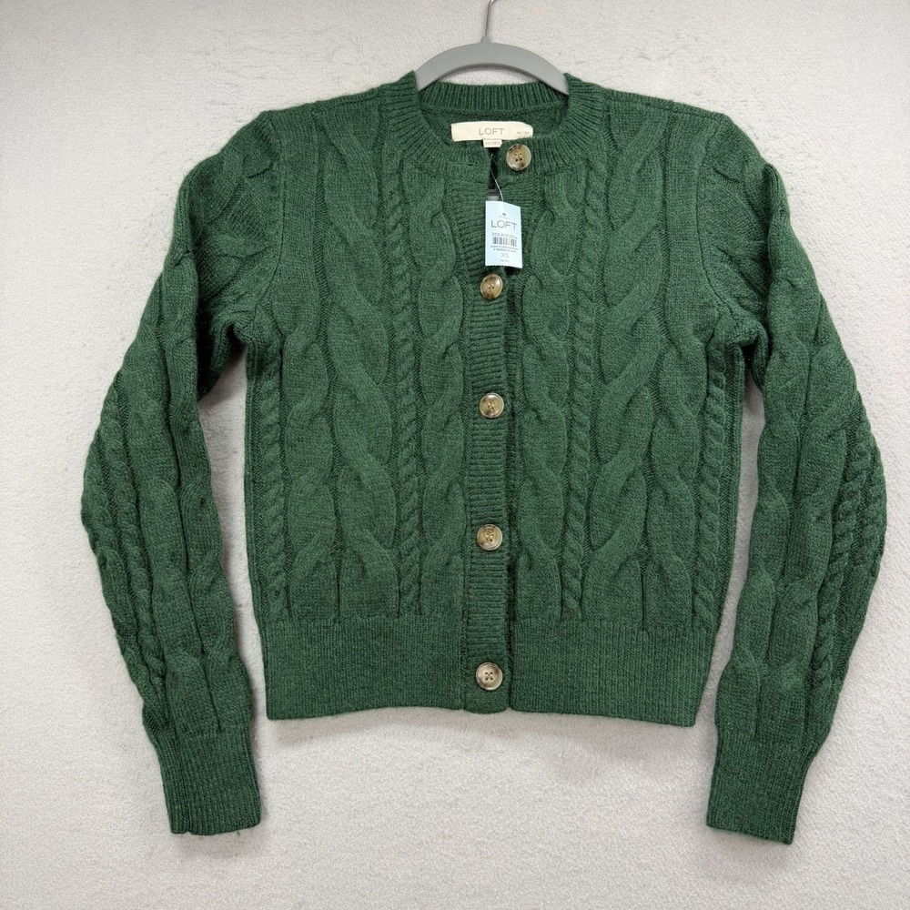 LOFT Cardigan Sweater Women XS Petite Green Cable Knit Crewneck Cozy Classic NEW